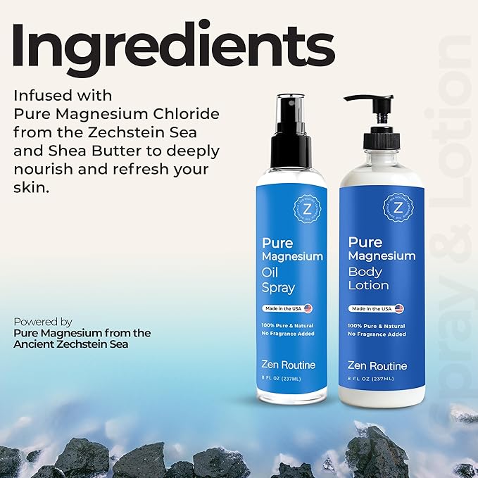 Magnesium Lotion + Magnesium Oil Spray Set | Pure Topical Magnesium for Sleep | Muscle Relief | Leg Cramps & Foot Comfort | Fast-Absorbing | Magnesium Oil on Feet | Non-Itch | Extra Strength Cream
