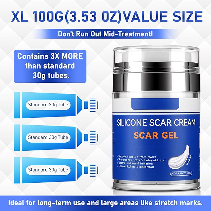 Silicone Scar Cream Gel - [3.53 oz / 100g] Jumbo Value Pack - Advanced Gel for Old & New Scars, C-Section, Stretch Marks, Surgery, Acne, Burns, Keloids - Face & Body