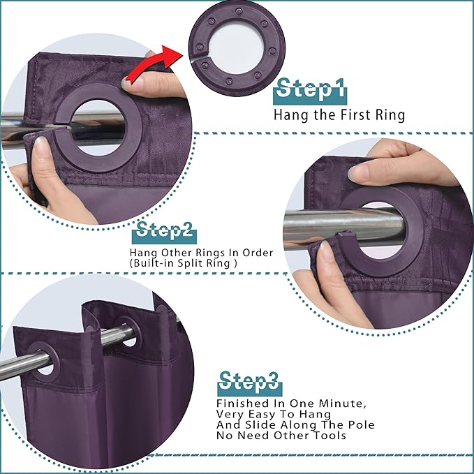 Conbo Mio No Hook Shower Curtain with Snap in Liner Set, Hotel Luxury Purple Shower Curtains for Bathroom with See Through Top Window, Waterproof, Washable 71W x 74H