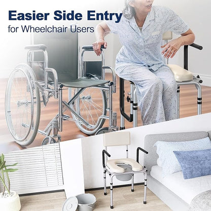 Drop Arm Bedside Commode, Commode Toilet with Padded Seat and Backrest, 400lbs Capacity, 6.3QT Removable Bucket and Splash Guard, Adjustable Height Portable Toilet for Adults, Beige
