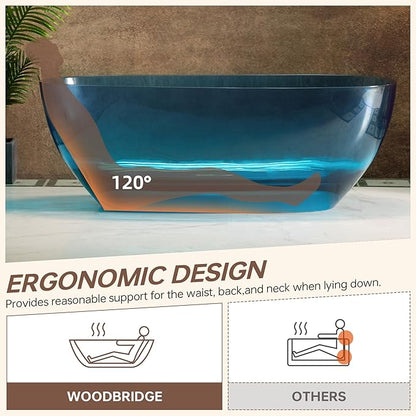 WOODBRIDGE 63" L x 28-3/8" W Transparent Blue Stone Resin Freestanding Soaking Tub with Double Ended Design
