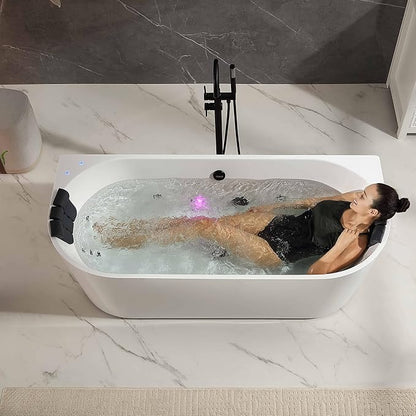 Empava Update Acrylic Whirlpool Bathtub, 71-Inch Freestanding Gracefully Oval Shaped Jetted Bathtub with Healing Chromotherapy, 18 Hydromassage Jets, Single-Ended Bathtubs, Black Nozzles