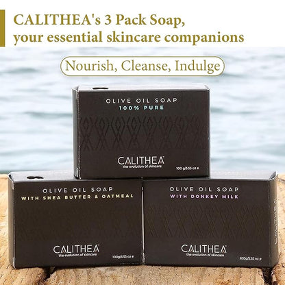Calithea 3 Pack Olive Oil Based Soap Bars: 100% Pure Olive Oil Soap, Donkey Milk, and Shea Butter & Oatmeal Soap Bars