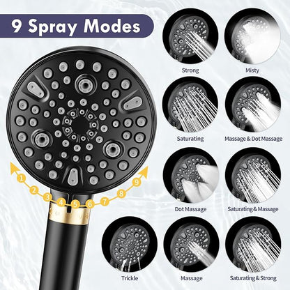 HOWUWEY Filtered Dual Shower Head with Handheld Spray Combo for Hard Water, 7.5-inch Modern High Pressure Shower Head with 9-mode Handheld and Filter, 79-inch Hose (Filtered, Matte Black)