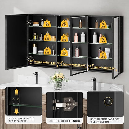 60x30 Pre-Assembled Black Medicine Cabinet with Mirror, Surface or Recessed Medicine Cabinet Mirror for Bathroom, Aluminum Beveled Frame Bathroom Vanity Mirror with Adjustable Shelves Storage