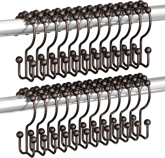 Titanker Shower Curtain Hooks Rings, Rust Resistant Metal Double Glide Shower Hooks Rings for Bathroom Shower Rods Curtains, Set of 24 Hooks - Bronze