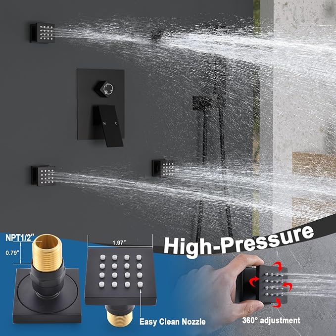 Enga Matte Black Rain Shower System with 4 Body Jets 12inch Wall Mount Rainfall Shower, All Metal Multi Shower Head System with Rough-in Valve