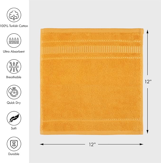 Melissa Linen, 4-Piece Washcloth, 100% Cotton Towels for Bathroom, 12 in x 12 in, Absorbent, Quick Dry, Durable and Soft, Baby Wash Cloths, Wash Rags for Kitchen, Honey Yellow