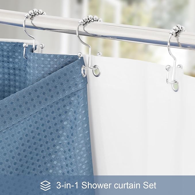 3 in 1 Long Moonlight Blue Shower Curtain Set-72 W x 78 H, Modern Waffle and PEVA Liner Set with 12 Stainless Steel Hooks, Waterproof Fabric for Bathroom