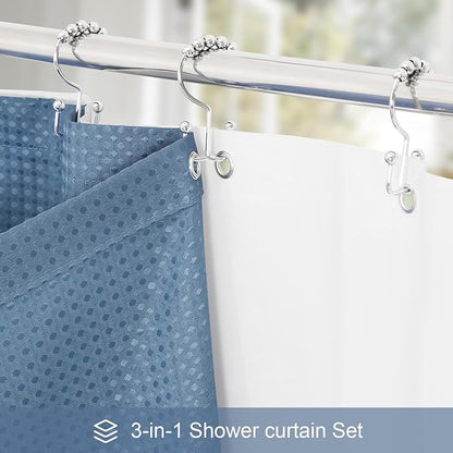 3 in 1 Stall Half Size Moonlight Blue Shower Curtain Set-36 W x 72 H, Modern Waffle Waterproof Fabric and PEVA Liner Set with Stainless Steel Hooks