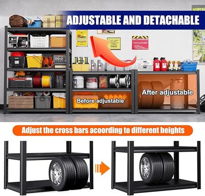 71" H-46 W Garage Shelving, 5-Tier Heavy Duty Storage Shelves, Adjustable Metal Shelving Unit, Utility Garage Organizer Shelf for Basement, Pantry, Warehouse, 20" D x 46" W x 71.2" H, Black