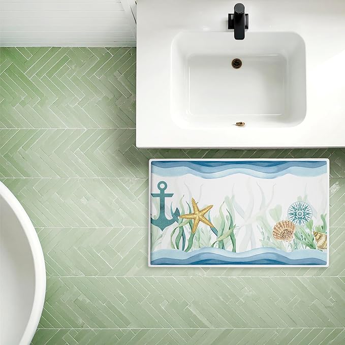 Stupell Industries Bayside Sea Life & Waves Plush Bathroom Mat & Bath Rug, Soft Quick-Dry Non-Slip Bathroom Rug with Recycled Foam Cushion, Coastal Ocean Marine Life Design by Kim Allen, 18"x30"