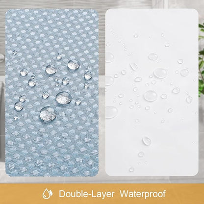 3 in 1 Stall Half Size Blue Shower Curtain Set-36 W x 72 H, Fog Blue Waffle Waterproof Fabric and PEVA Liner Set with Stainless Steel Hooks