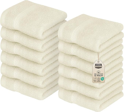 Utopia Towels 12 Pack Premium Wash Cloths Set, 12 by 12 Inches, 100% Cotton Ring Spun, Highly Absorbent and Soft Feel Essential Washcloths for Bathroom, Spa, Gym, and Face, Ivory