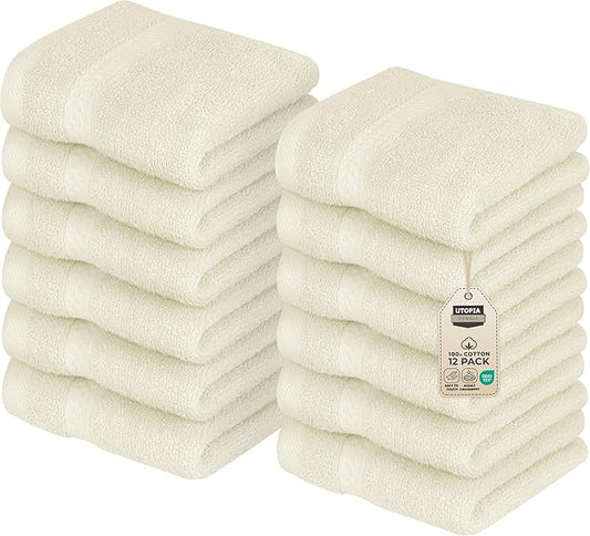 Utopia Towels 12 Pack Premium Wash Cloths Set, 12 by 12 Inches, 100% Cotton Ring Spun, Highly Absorbent and Soft Feel Essential Washcloths for Bathroom, Spa, Gym, and Face, Ivory