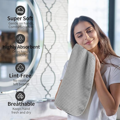 Microfiber Waffle Hand Towels, 4 Pieces, Soft, Absorbent, Fast Drying, Lint Free (Silver)