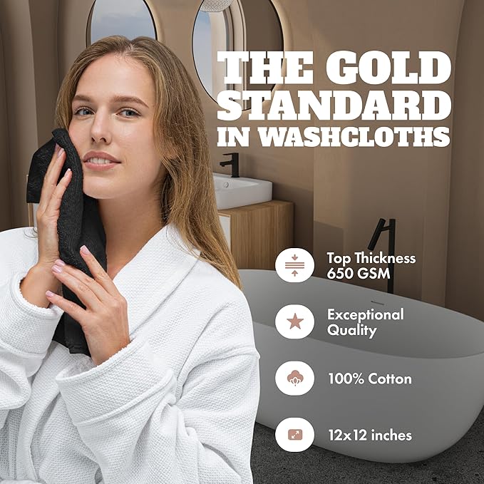 White Classic Wealuxe Black Washcloths 24 Pack - 600 GSM 100% Ring-Spun Cotton Wash Cloths for Showering, Highly Absorbent and Soft | 12x12 Inches