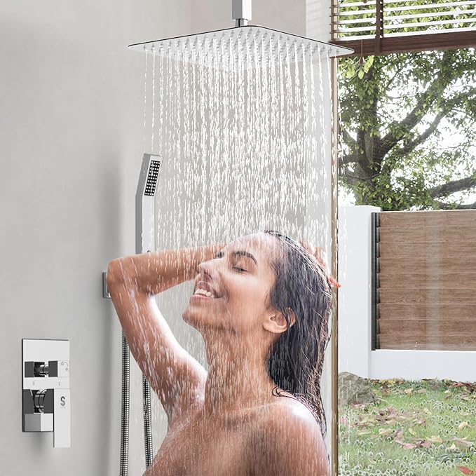 SR SUN RISE 12 Inch Ceiling Mounted Shower System Rain Mixer Combo Set Rainfall Shower Head System Faucet Trim Repair Kits Polished Chrome Rough-in Valve Body and Trim Included