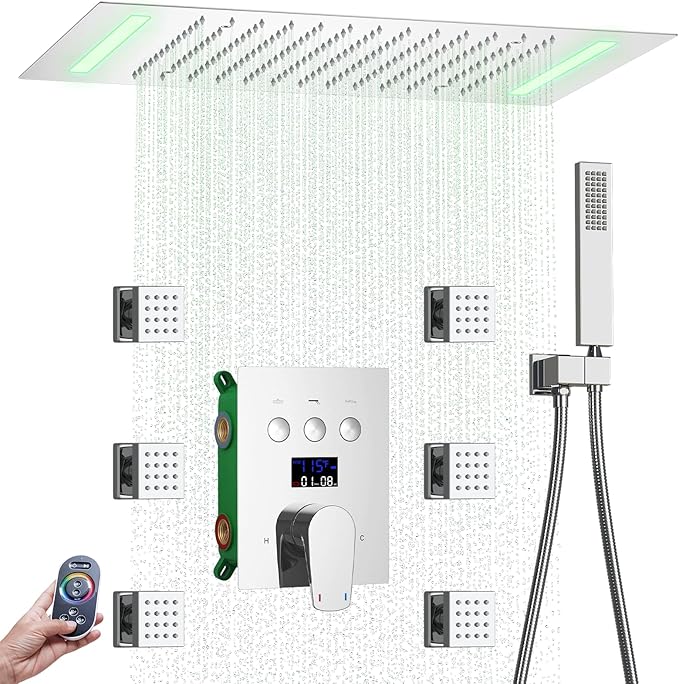 Bathroom shower system Ceiling 14x20 inch shower head, spray with handle, 6 PCS Body Jet and Handheld, temperature display shower faucet set (Chrome)