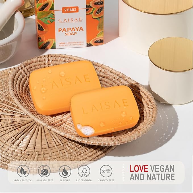 Papaya Exfoliating Soap, Hydrating Face Moisturizer with Niacinamide, Shea Butter and Aloe Vera, Even Skin Tone Body Cleansing Bar - Sensitive Skin Soap, Vegan, 3.52 oz (2 Bars)