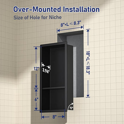 Stainless Steel Shower Niche 8"×18" with Shelf Matte Black No Tiled Needed Niche Shower for Bathroom Wall Recessed Shower Shelf for Bathroom Storage