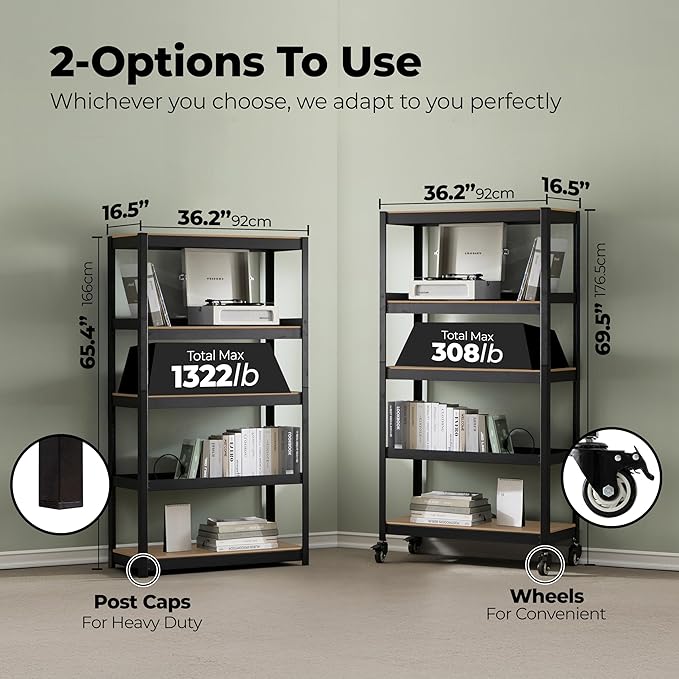 HOMEDANT House 5-Tier Metal Rolling Cart Shelf Rack Casters Heavy Duty Laminated Wheel Shelving Unit Adjustable Utility Storage Shelves Organizer Shelf Kitchen Garage (10, (M) 36.2" W, Black)