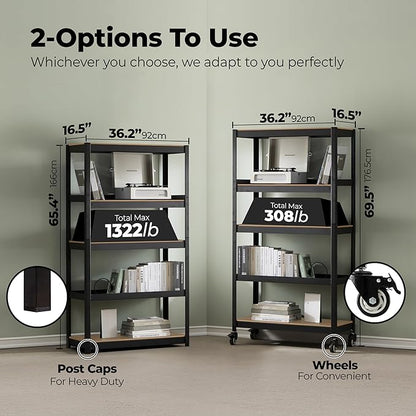 HOMEDANT House 5-Tier Metal Rolling Cart Shelf Rack Casters Heavy Duty Laminated Wheel Shelving Unit Adjustable Utility Storage Shelves Organizer Shelf Kitchen Garage (10, (M) 36.2" W, Black)