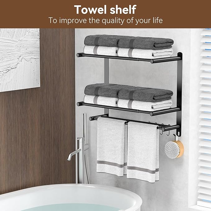 Adjustable 16.9–28" Matte Black Towel Rack for Bathroom SUS304 Stainless Steel 2-Tier Shelf with Extended Bar & 4 Sliding Hooks, Adhesive or Screw Mount, Bathroom/Over-Toilet Organizer