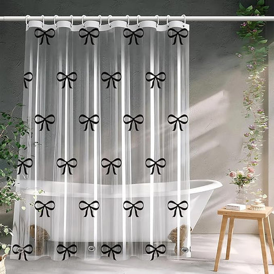 Clear Cute Black Bow Shower Curtain Liner, Plastic Transparent Girly Fancy Shower Curtain, Aesthetic Preppy Shower Curtain Bow Bathroom Decor for Women, 72x72 Shower Curtain Set with Magnets 12 Hooks