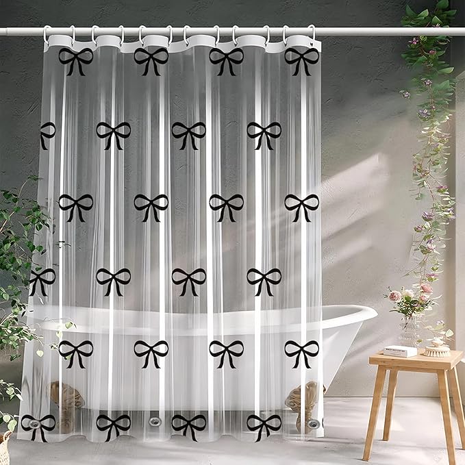 Clear Cute Black Bow Shower Curtain Liner, Plastic Transparent Girly Fancy Shower Curtain, Aesthetic Preppy Shower Curtain Bow Bathroom Decor for Women, 72x78 Shower Curtain Set with Magnets 12 Hooks