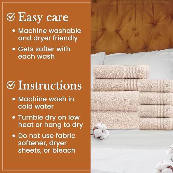 HALLEY Turkish Cotton Towels (Set of 8) 2 Bath Towels 2 Hand Towels 4 Washcloths, Super Soft Highly Absorbent 100% Cotton Towels for Bathroom and Kitchen for Mother’s Day (Ivory White)