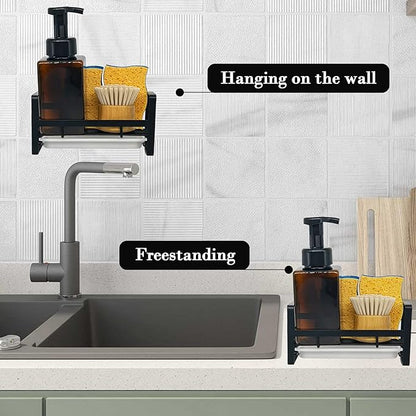VANTEN Kitchen Sink Caddy Sponge Holder Organizer, Sink Tray Drainer Rack, Soap Dish Dispenser Brush Holder Storage Accessories - Countertop or Adhesive Wall Mount, Matte Black Stainless Steel