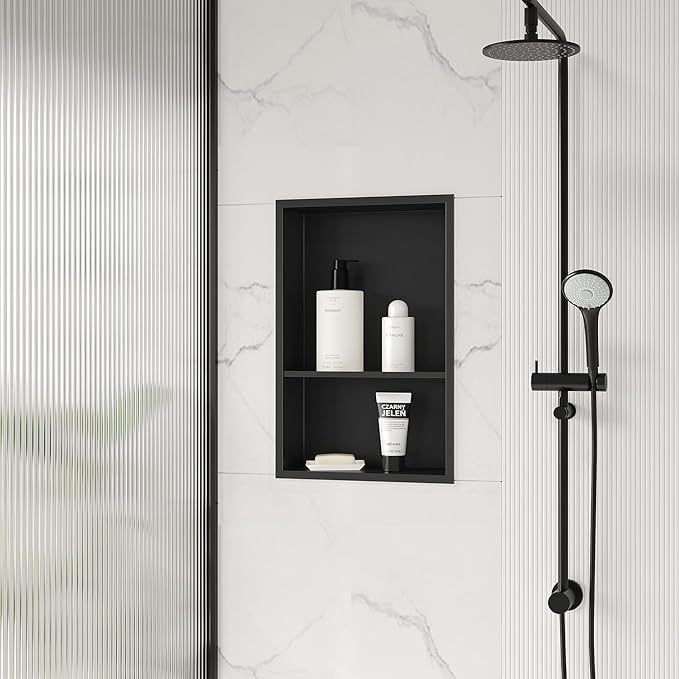 Stainless Steel Shower Niche 18" X 12", No Tile Needed Wall Niche Double Shelves, Recessed Shower Shelf for Bathroom Storage, Matte Black