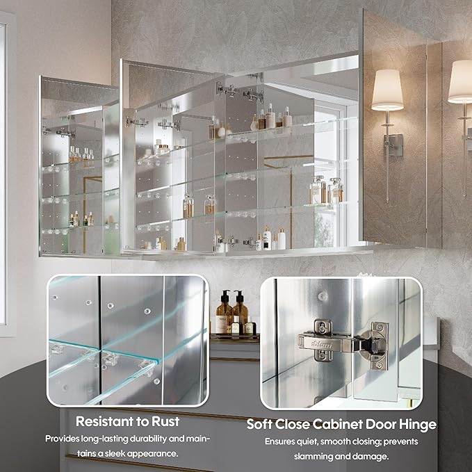 WELLFOR 60" x 30" Bathroom Medicine Cabinet, Anodized Chrome Aluminum Frame, Medicine Cabinet with Adjustable Glass Shelves, Bathroom Mirror Cabinet, Surface or Recessed Mount, Three Doors