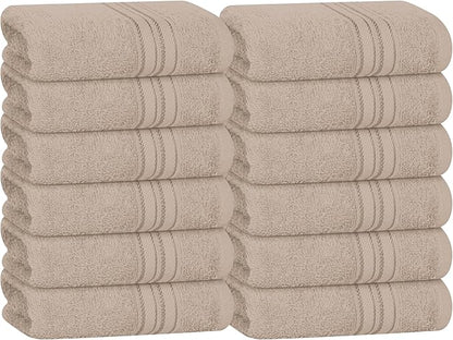 BOUTIQUO Ultra Soft Cotton Washcloths, Contains 12 Piece Face Cloths 12x12 inch, Ideal for Everyday use Face Towels, Compact & Lightweight Multi Purpose Washcloths - Tan