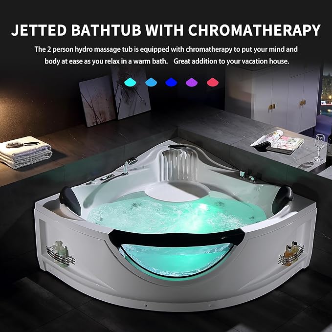 Empava 2 Person Whirlpool Bathtub,Corner Jetted Bathtub with Heater,Corner Jetted Tub with Light,Spa Bath tub with 10 Jets,Hydro Massage Tub with Chromatherapy,ETL Certified