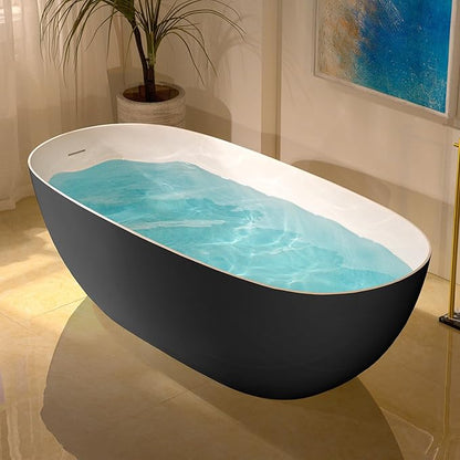 WOODBRIDGE 69" L x 32" W Luxury Contemporary Solid Surface Stone Resin Freestanding Bathtub in Matte Black with 2-Drain Covers