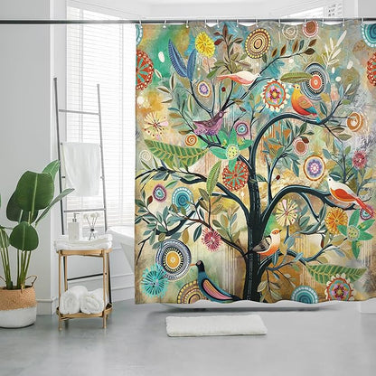Bohemian Shower Curtain, Boho Floral Print Water Repellent Polyester Fabric for Bathroom Decor, 72×72 Inch Standard Size with 12 Hooks, Also as Room Divider