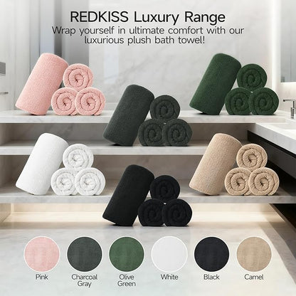 REDKISS 4 Pack Premium Bath Towels, Plush Coral Fleece Towels for Bathroom, Extra Large Bath Towels Set of 4 (35 x 70 in), Super Soft Highly Absorbent Shower Towels for Spa, Gym, Travel, White