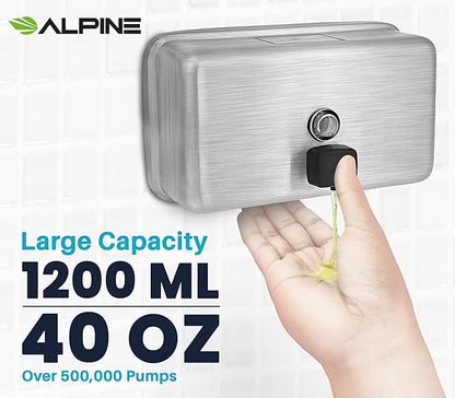 Alpine Commercial Wall-Mounted Soap Dispenser – Stainless Steel, Liquid, Manual Pump, ADA Compliant, 1200ml for High-Traffic Bathrooms (Horizontal)