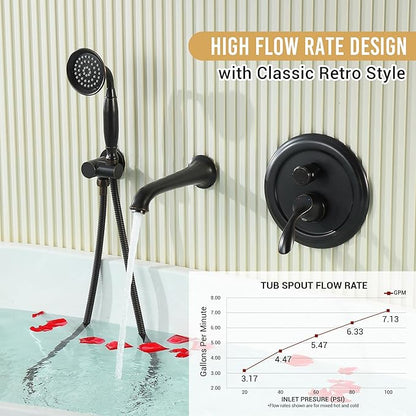 DASAN Antique Wall Mount Tub Filler Faucet with Hand Held Shower, Oil Rubbed Bronze Bathtub Faucet with Sprayer Wall Mounted Roman Bath Tub Faucet Set with High Flow Rough in Valve, AT201TF-ORB