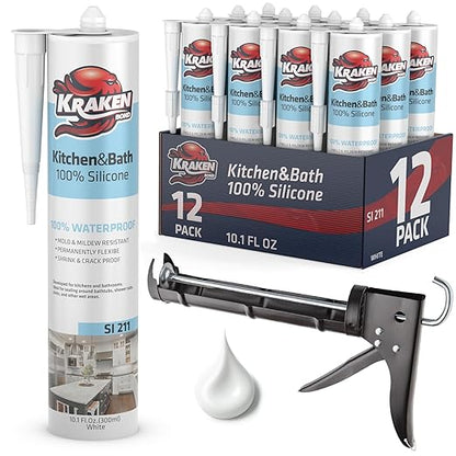 Kraken Bond Premium Kitchen and Bathroom Silicone Caulk White - (12x10.1 fl.oz) RTV White Caulking Waterproof for Kitchen, Bathroom, Shower, Sink, Anti Shrink 100% Caulking | 12 Pack
