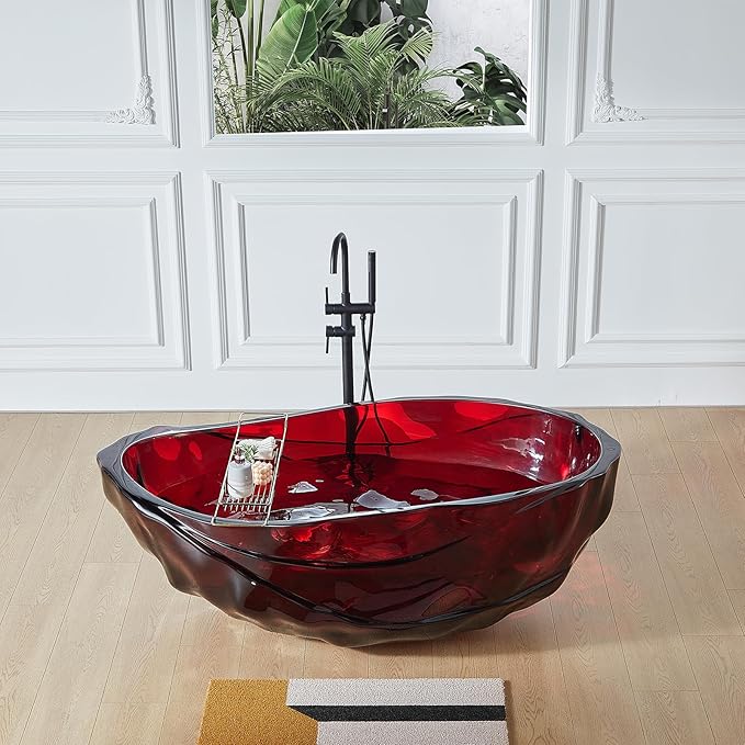 Cpingao 67" Resin Translucent Freestanding Bathtub, Modern Oval Stand Alone Tubs, Contemporary Transparent Resin Freestanding Bath 1700 MM with Drain Fiery Red 8852-1700-RED