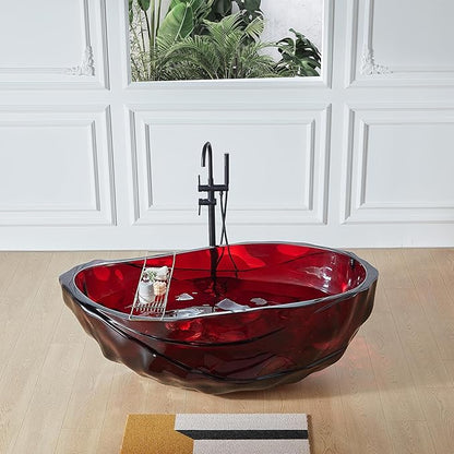 Cpingao 67" Resin Translucent Freestanding Bathtub, Modern Oval Stand Alone Tubs, Contemporary Transparent Resin Freestanding Bath 1700 MM with Drain Fiery Red 8852-1700-RED