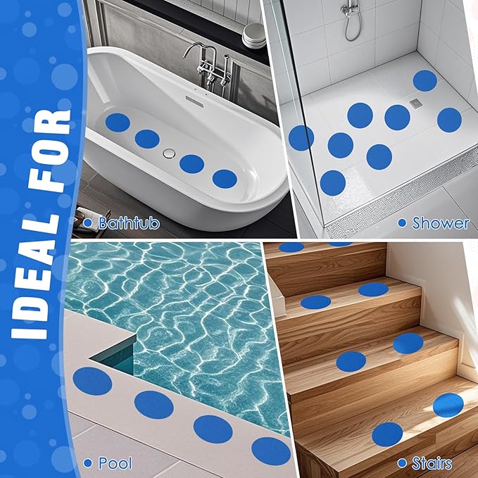 S&X 24 Pcs Non Slip Shower Stickers (Large 4" Round), Blue Anti Slip Grip Decals, High Traction Bathtub Dots, Durable Grit Stickers for Kids & Family Safety with Scraper