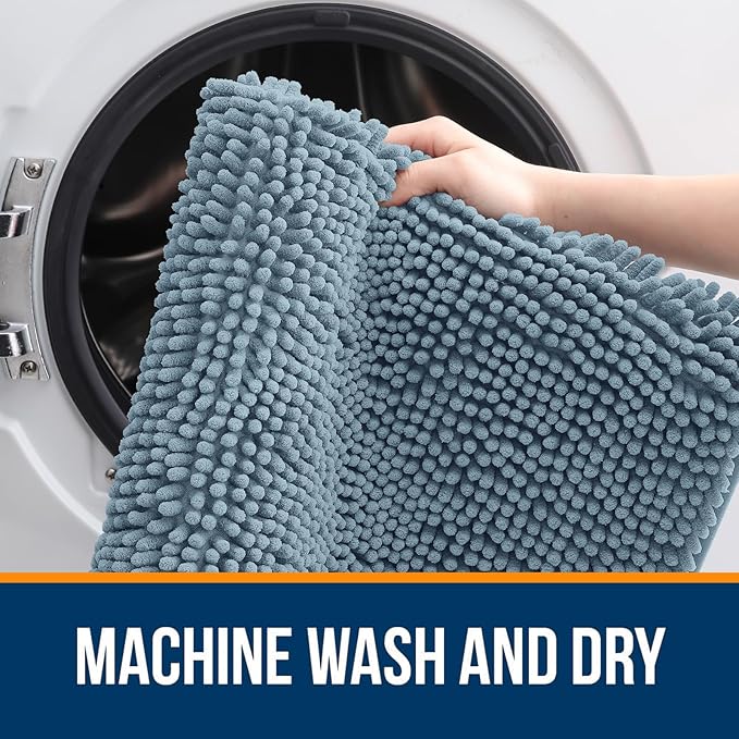 OLANLY Bathroom Rugs 47x17, Extra Soft Absorbent Chenille Bath Rugs, Rubber Backing Quick Dry, Machine Washable Bath Mats for Bathroom Floor, Tub and Shower, Home Decor Accessories, Airy Blue