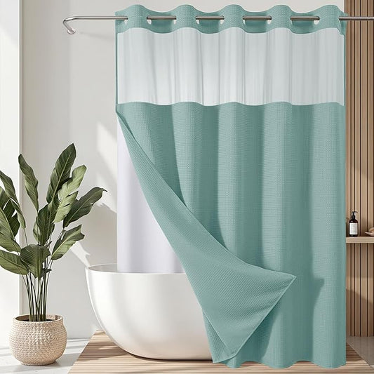 VANZAVANZU Hookless Shower Curtain with Mesh Top and Snap in Waterproof Liner, Waffle Weave, Weighted Magnets Hem, Machine Washable, 72 x 75 Inches – (Blue)