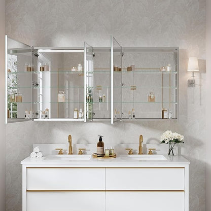 WELLFOR 60" x 30" Rectangle Medicine Cabinet Mirror, Surface Mount or Recessed Medicine Cabinet with Tempered Mirror, Anodized Chrome Aluminum Frame, Bathroom Mirror with Storage