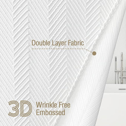 Gibelle Extra Long Shower Curtain 72 x 84, Tall 3D Embossed Textured White Fabric Shower Curtain, Modern Farmhouse Herringbone Decorative Bathroom Curtains Shower Set with Hooks