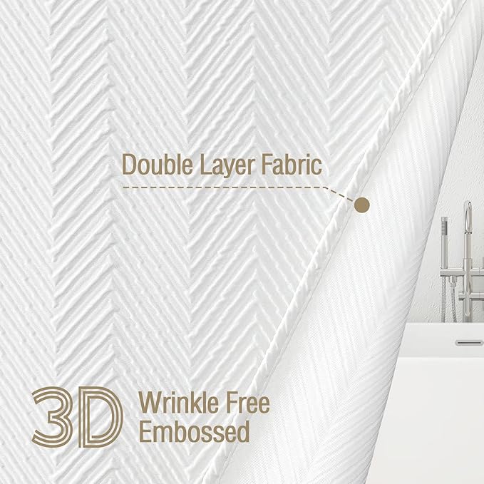 Gibelle White Shower Curtain, 3D Embossed Textured Herringbone Fabric Modern Farmhouse Bathroom Decor Soft Cloth Curtain Set with Hooks, 72x72
